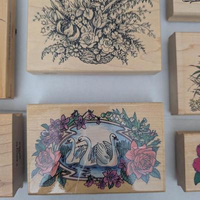 Lot of 8 Wooden Rubber Stamps Flowers Roses Ferns Calla Lily Swan Scene Botanical Crafting