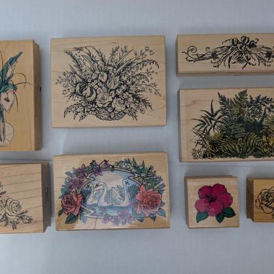 Lot of 8 Wooden Rubber Stamps Flowers Roses Ferns Calla Lily Swan Scene Botanical Crafting