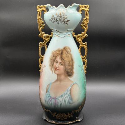 LOT 65H: Antique Austrian Hand Painted Two-Handled Portrait Vase