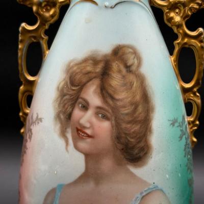 LOT 65H: Antique Austrian Hand Painted Two-Handled Portrait Vase