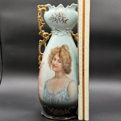 LOT 65H: Antique Austrian Hand Painted Two-Handled Portrait Vase