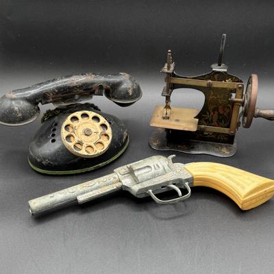 LOT 68H: Vintage Miniature Sewing Machine, + Toy Gun & Telephone