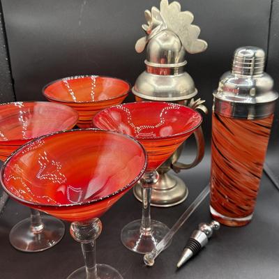 LOT 74H: Art Glass Cocktail Shaker and Glass Set + Art deco style Rooster Cocktail Pitcher