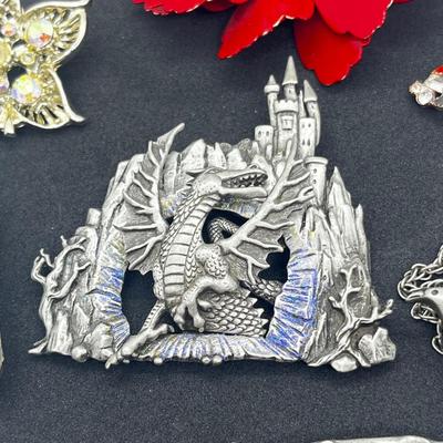 LOT 100J: Unique Brooches/Pins Including Large Dragon Brooch