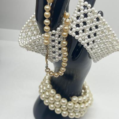 LOT 101J: Faux Pearl Necklace and Bracelet Collection Including Large Enamel Flower Pendant