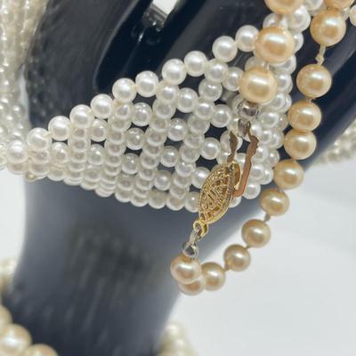 LOT 101J: Faux Pearl Necklace and Bracelet Collection Including Large Enamel Flower Pendant