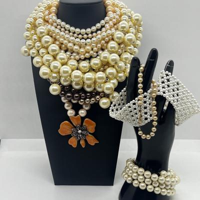 LOT 101J: Faux Pearl Necklace and Bracelet Collection Including Large Enamel Flower Pendant