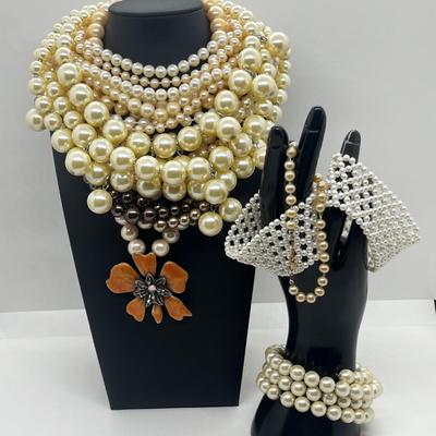 LOT 101J: Faux Pearl Necklace and Bracelet Collection Including Large Enamel Flower Pendant