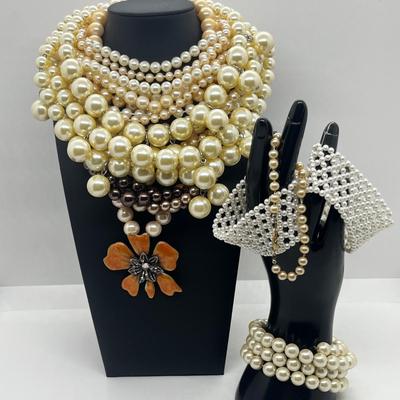 LOT 101J: Faux Pearl Necklace and Bracelet Collection Including Large Enamel Flower Pendant
