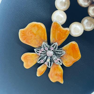 LOT 101J: Faux Pearl Necklace and Bracelet Collection Including Large Enamel Flower Pendant