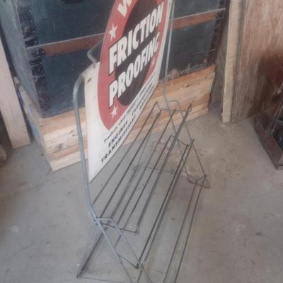 Vintage Wynn's Friction Proofing Advertising Sign and Metal Wire Display Rack