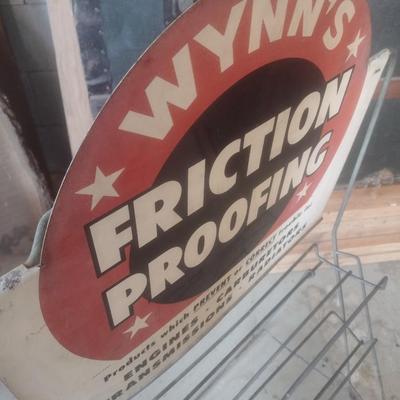 Vintage Wynn's Friction Proofing Advertising Sign and Metal Wire Display Rack