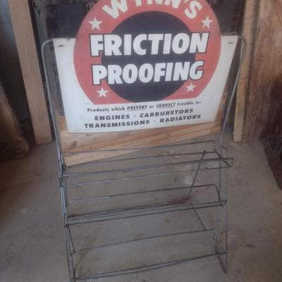 Vintage Wynn's Friction Proofing Advertising Sign and Metal Wire Display Rack