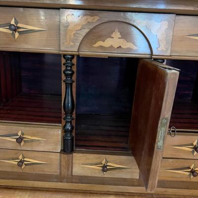 Sale Photo Thumbnail #20: Rare Antique Flame Walnut European Secretary Desk, beautiful condition with the original keys, there is some wear and shrinkage which is to be expected on this early 20th century piece. This item was shipped from Germany by the original owner. Measures 36