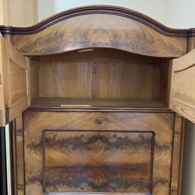 Sale Photo Thumbnail #18: Rare Antique Flame Walnut European Secretary Desk, beautiful condition with the original keys, there is some wear and shrinkage which is to be expected on this early 20th century piece. This item was shipped from Germany by the original owner. Measures 36
