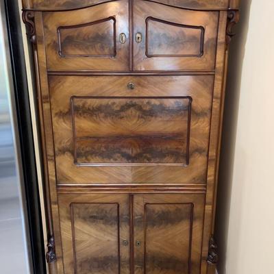 Sale Photo Thumbnail #16: Rare Antique Flame Walnut European Secretary Desk, beautiful condition with the original keys, there is some wear and shrinkage which is to be expected on this early 20th century piece. This item was shipped from Germany by the original owner. Measures 36