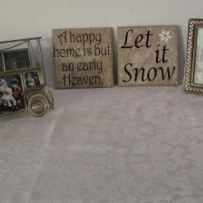 Sale Photo Thumbnail #186: 2 stone  & 1 wood plaques, 1 hinged 2-picture frame, 4 additional picture frames, 1 mirror, see pictures