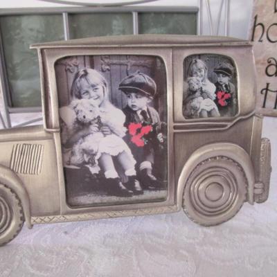 Sale Photo Thumbnail #189: 2 stone  & 1 wood plaques, 1 hinged 2-picture frame, 4 additional picture frames, 1 mirror, see pictures