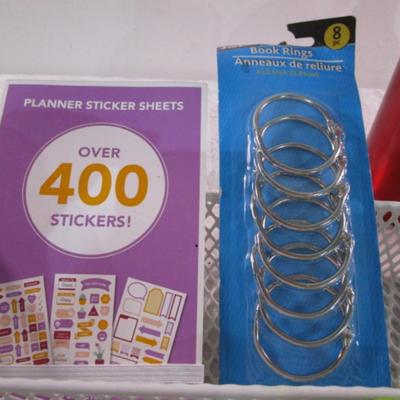 Sale Photo Thumbnail #231: New Staple Free stapler, 5 extra large paper clip, 6 pkg mini post-it notes, new pkg planning 15 sticker sheets, new pkg of 8 binder rings, new roll of double-sided tape, letter opener, 1 metal water bottles, 1 organizer, box push pins