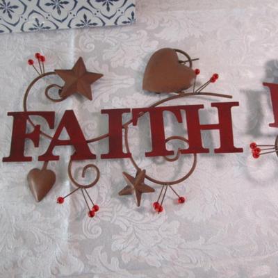 Sale Photo Thumbnail #287: 1 sign has "Turn Your Troubles Into Bubbles" 8" x8", 3 metal signs with "Love, Faith, Home" 11-1/2" x 9"