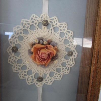 Framed shadow box: Three Roses with Doilies