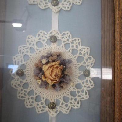 Framed shadow box: Three Roses with Doilies