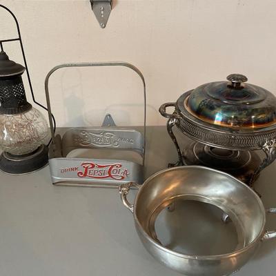 Silver plate & pewter with Pepsi holder and lantern