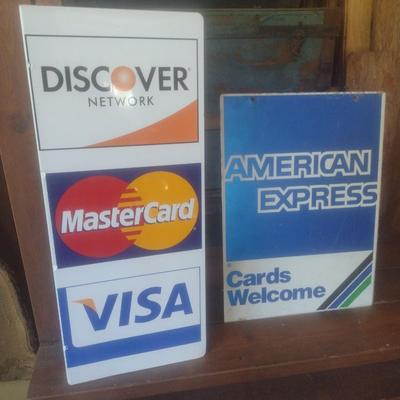 Pair of Vintage Metal Credit Card Advertising Signs Includes Blade Sign for Discover, Master Card and Visa