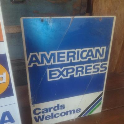 Pair of Vintage Metal Credit Card Advertising Signs Includes Blade Sign for Discover, Master Card and Visa