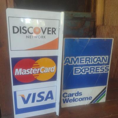 Pair of Vintage Metal Credit Card Advertising Signs Includes Blade Sign for Discover, Master Card and Visa