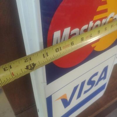 Pair of Vintage Metal Credit Card Advertising Signs Includes Blade Sign for Discover, Master Card and Visa