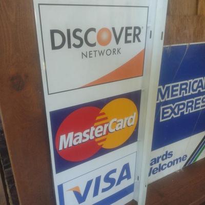 Pair of Vintage Metal Credit Card Advertising Signs Includes Blade Sign for Discover, Master Card and Visa
