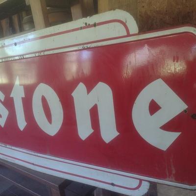 Antique 1957 Porcelain Covered Metal Commercial 108" x 35" Advertising Sign for Firestone Brand Products