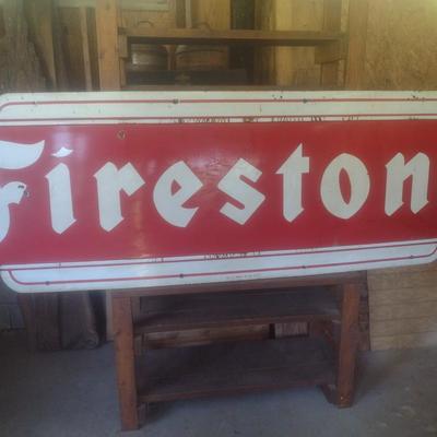 Antique 1957 Porcelain Covered Metal Commercial 108" x 35" Advertising Sign for Firestone Brand Products