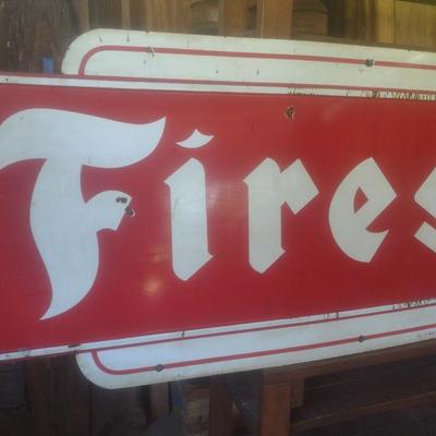 Antique 1957 Porcelain Covered Metal Commercial 108" x 35" Advertising Sign for Firestone Brand Products