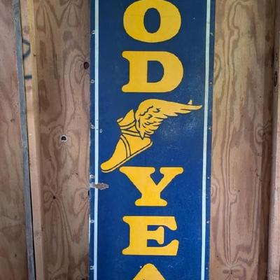 Antique 1950's Porcelain Covered Metal Commercial 94" x 22" Advertising Sign for Good Year Tires