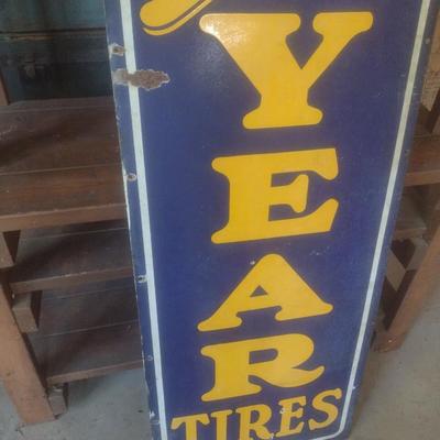 Antique 1950's Porcelain Covered Metal Commercial 94" x 22" Advertising Sign for Good Year Tires