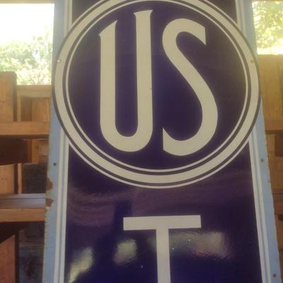 Antique 1950's Porcelain Covered Metal Commercial 96" x 24" Advertising Sign for US Tires