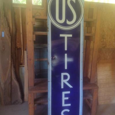 Antique 1950's Porcelain Covered Metal Commercial 96" x 24" Advertising Sign for US Tires