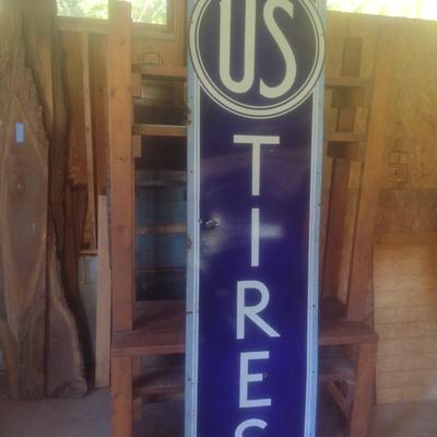 Antique 1950's Porcelain Covered Metal Commercial 96" x 24" Advertising Sign for US Tires