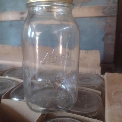Box of One Dozen Various Brand Quart Glass Canning Jars Includes Ball, Atlas, Kerr, Magic Mason and Other Bands Only No Lids