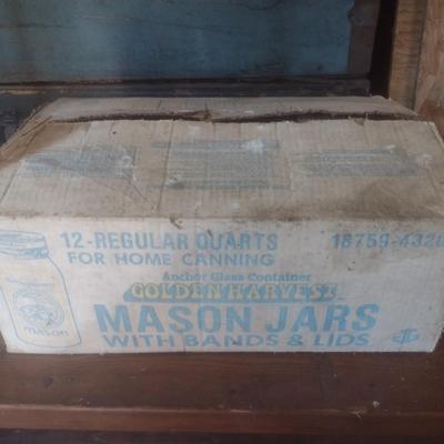 Box of One Dozen Various Brand Quart Glass Canning Jars Includes Ball, Atlas, Kerr, Magic Mason and Other Bands Only No Lids