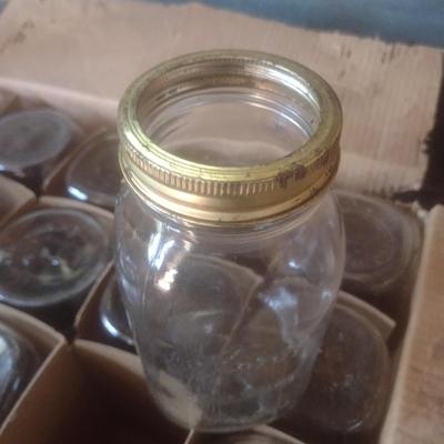 Box of One Dozen Various Brand Quart Glass Canning Jars Includes Ball, Atlas, Kerr, Magic Mason and Other Bands Only No Lids