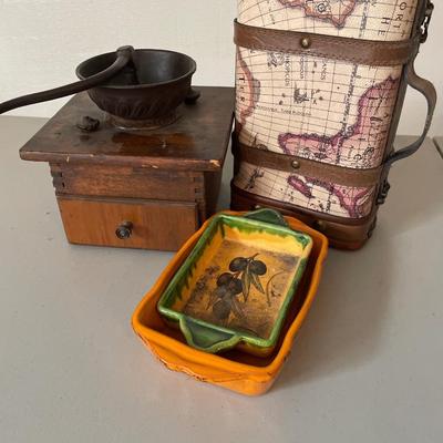 Vintage grinder, Italy pan and decor luggage