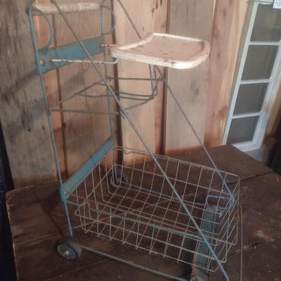 Antique Metal Wire Child's Push Stroller Shopping Cart