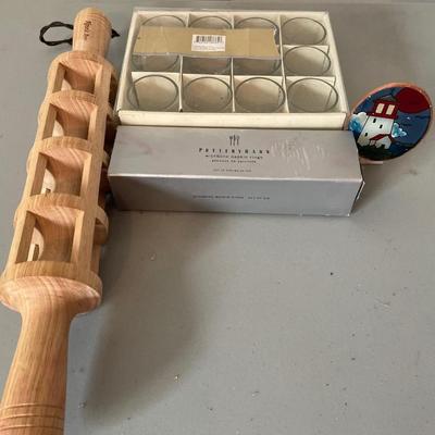 Pottery barn Wishbone napkin rings with rolling pin shot glasses and nightlight