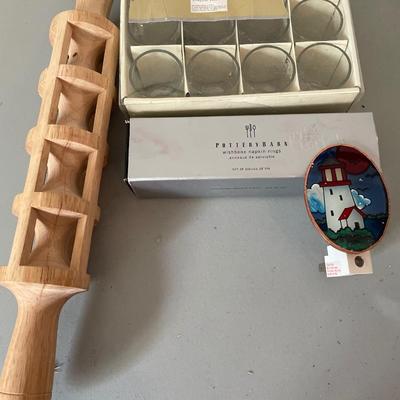 Pottery barn Wishbone napkin rings with rolling pin shot glasses and nightlight