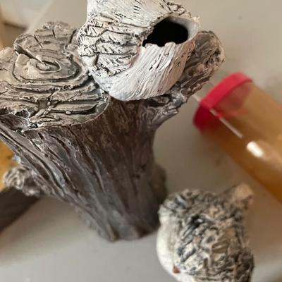 Two outdoor birds, bird feeder, rocks and wood