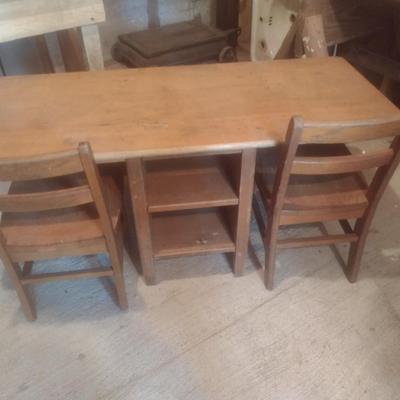 Vintage Maple Solid Wood Double Knee Hole Child's Library Table with Oak Chairs