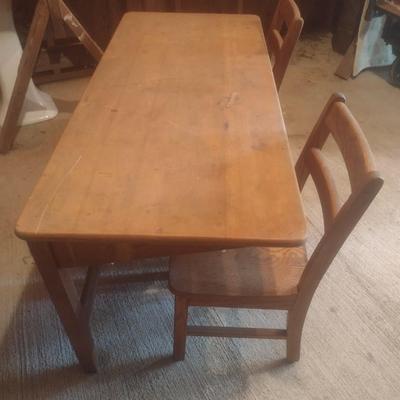 Vintage Maple Solid Wood Double Knee Hole Child's Library Table with Oak Chairs